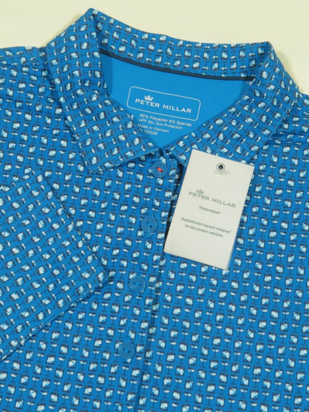 Peter Millar Long Sleeve Jersey Polo Shirt Womens M Blue Cocktail Print New